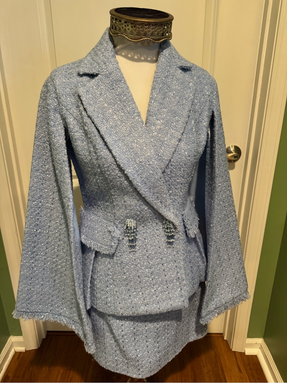 ellie wilde Powder Blue Tweed Blazer with Beaded Accents